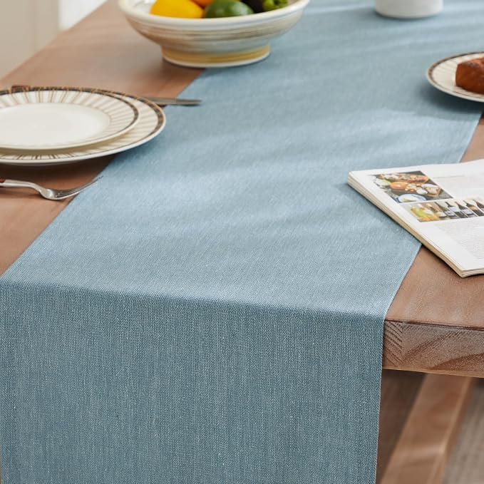 ZeeMart Rustic Cotton Linen Table Runner, 13x60 Inches River Blue | Farmhouse Style Linen Table Runners 60 Inches Long, Washable Kitchen Dining Table Decoration for Home Party Decor