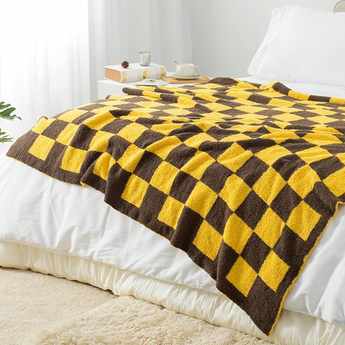 Carriediosa Checkered Throw Blanket 50x60, 400GSM Ultra Soft Microfiber | Yellow, Fuzzy Fluffy Cozy Plush Knit Knitted Plaid Checker, Lightweight Cute Preppy Fall Blankets & Throws for Couch, Bed