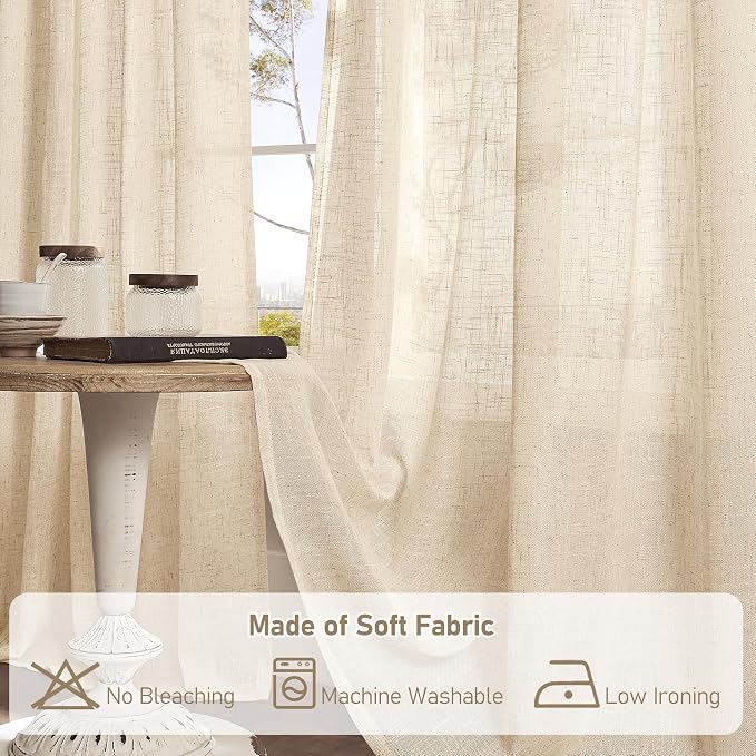 Light Filtering Linen Curtains 102 inches Long, Semi Sheer Panels | Linen Textured, Natural Boho Drapes for Living Room, Bedroom, Farmhouse, Rod Pocket Back Tab, Linen, 2 Panels, 52 x 102 Inch