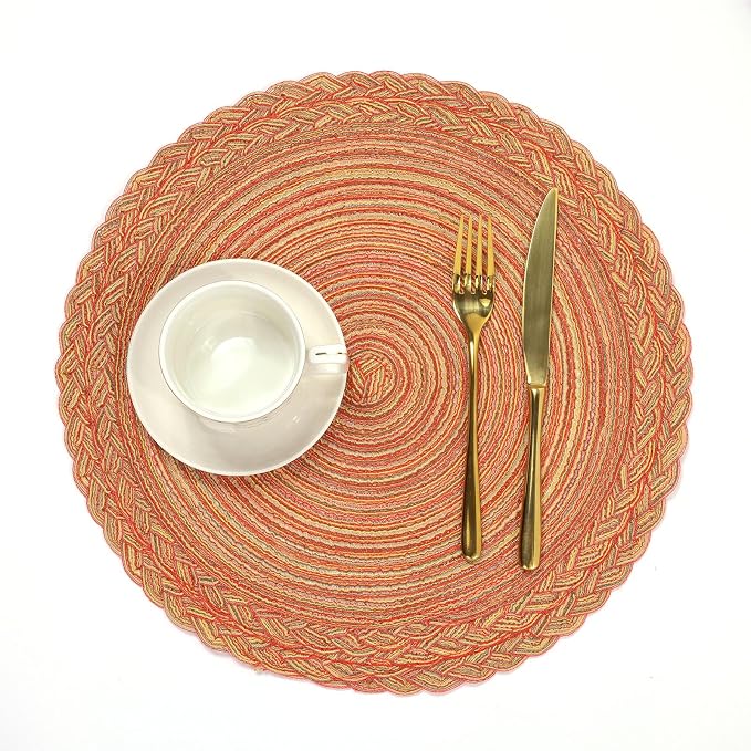 SHACOS Round Placemats Set of 6 Woven Round Table Mats 15 inch Circle Braided Edge Washable Cotton Polyester Kitchen Dining Table Place Mats, Fall Color Mix