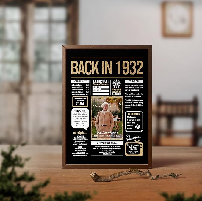 Personalized 93rd Birthday Party Decorations Men, Women, Him, Her - Custom Gifts Idea For 93 Years Old, Back In The Year You Born Newspaper For 93rd Birthday Poster No Frame Black Gold