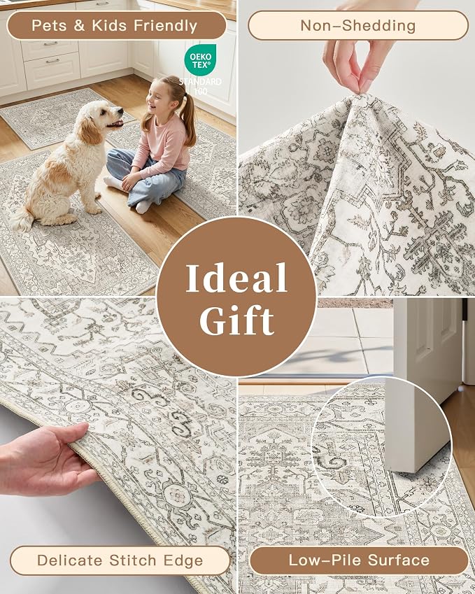 Madane Washable Kitchen Rug Set of 3 Small Area Rugs Non-Slip, Beige/Brown | Vintage Hallway Entryway Door Mat Indoor Entrance Low Pile Floor Carpet Runner for Inside Front Entry Laundry 2x3+2x4+2x5