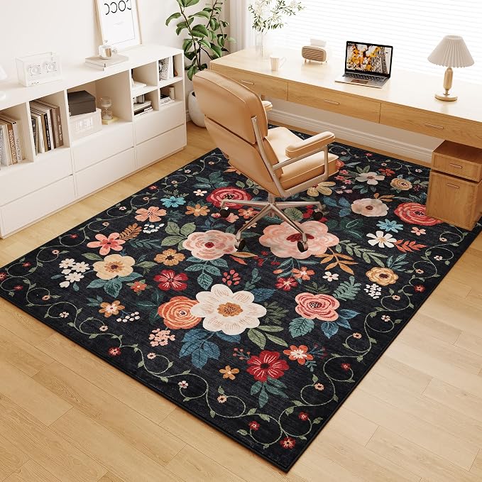 DUKINO 5x7 Area Rugs, Floral Washable Rug for Living Room Non Slip, Black | Soft, Low Pile, Stain Resistant Indoor Rug for Bedroom, Dining Room, Office, Pet Friendly, Lightweight, Modern Home Decor