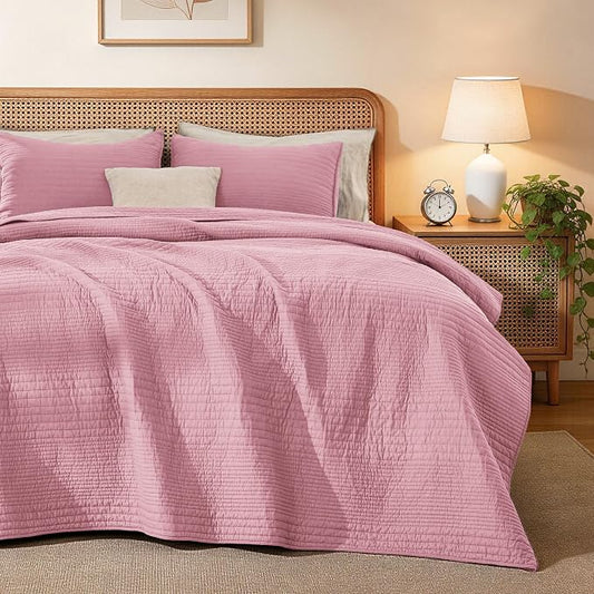 Love's cabin Queen Size Cotton Quilt Set, 100% Cotton Fabric Striped Textured Coverlet with Crinkled Look, Lightweight Quilted Bedspread for All Season, Includes 2 Pillow Shams, Pink