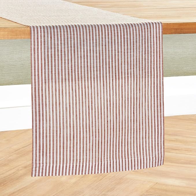 Solino Home 100% Linen Table Runner, 14 x 48 in, Cinnamon and White Striped | Narrow Stripe, a graceful centrepiece for dining and gatherings, woven stripe, European flax fibres, soft, OEKO-TEX Certified