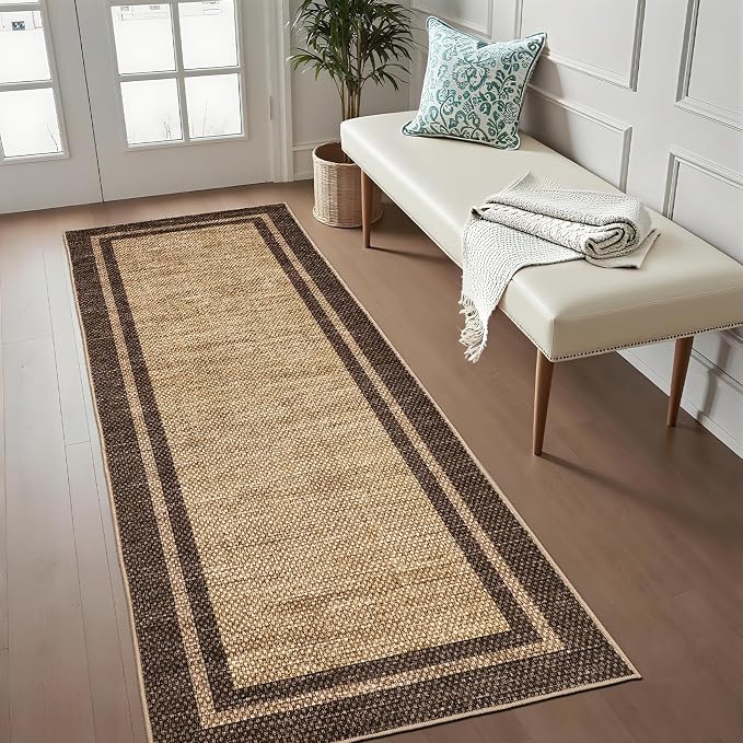 COZYLOOM 2x6 Bathroom Rug Runner Machine Washable Area Rugs for Entryway, Non Slip Stain Resistant Bordered Rug Non Shedding Low Pile Carpet Foldable Thin Soft Mats for Bedroom, Hallway, Brown