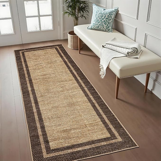 COZYLOOM 2x6 Bathroom Rug Runner Machine Washable Area Rugs for Entryway, Non Slip Stain Resistant Bordered Rug Non Shedding Low Pile Carpet Foldable Thin Soft Mats for Bedroom, Hallway, Brown
