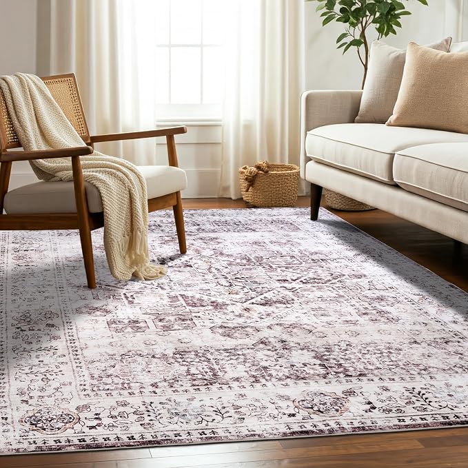 Machine Washable Area Rug, Soft & Durable, Non-Slip, Stain Resistant Rug for Bedroom, Living Room, Dining Room, High Traffic Areas. (Brown/Neutral, 5' X 7')