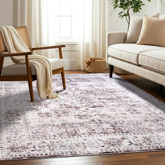 Machine Washable Area Rug, Soft & Durable, Non-Slip, Stain Resistant Rug for Bedroom, Living Room, Dining Room, High Traffic Areas. (Brown/Neutral, 5' X 7')