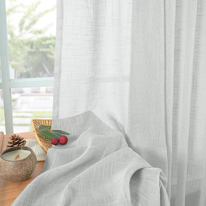 YoungsTex Light Grey Linen Curtains 63 Inch Length for Living Room, Semi Sheer Window Drapes Textured Light Filtering with Rod Pocket Back Tab for Bedroom, 2 Panels, 52 X 63 Inch