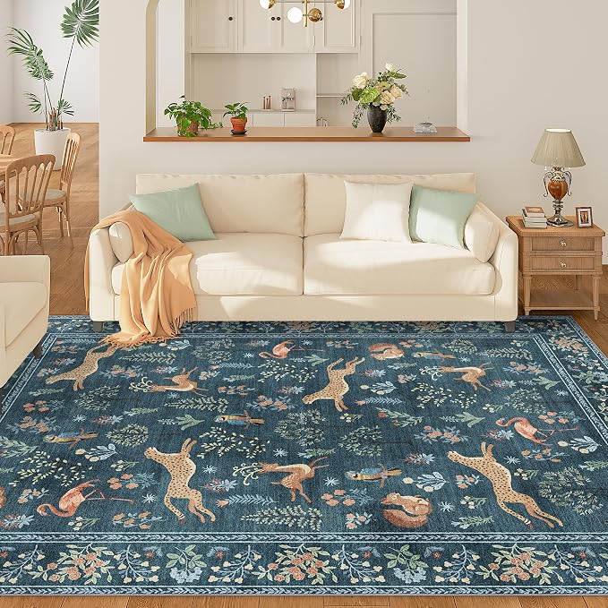 DUKINO 5x7 Area Rugs, Washable Animal Rug for Living Room Non Slip, Blue | Low Pile, Soft Indoor Carpet for Bedroom, Kids Room, Dining Room, Pet Friendly, Farmhouse, Stain Resistant, Non-Shedding
