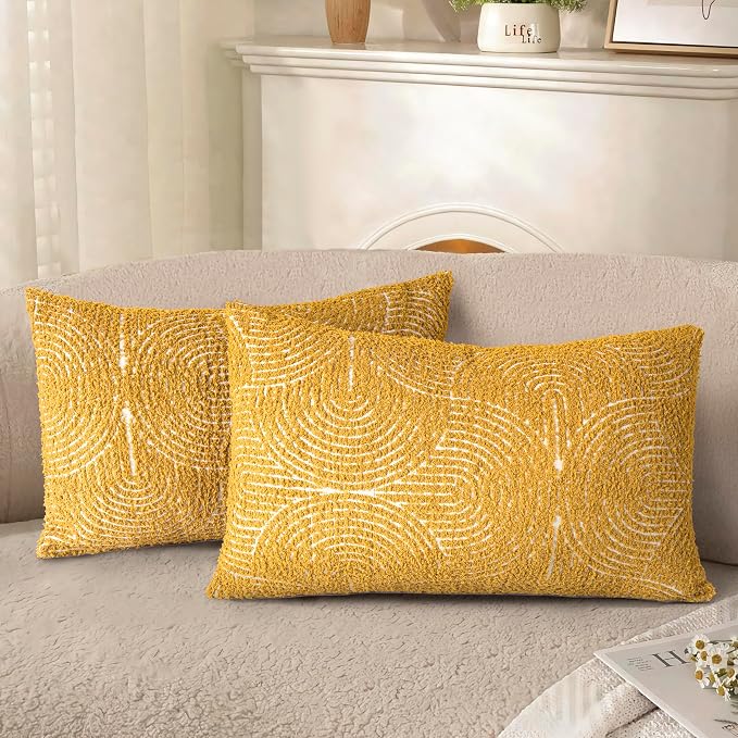 AELS Boho Decorative Textured Throw Pillow Covers 12x20, Organic Modern Mid Century Rainbow Tufted Pillow Case, Farmhouse Rustic Geometric Woven Cushion Case for Bed Couch Sofa, Mustard Yellow