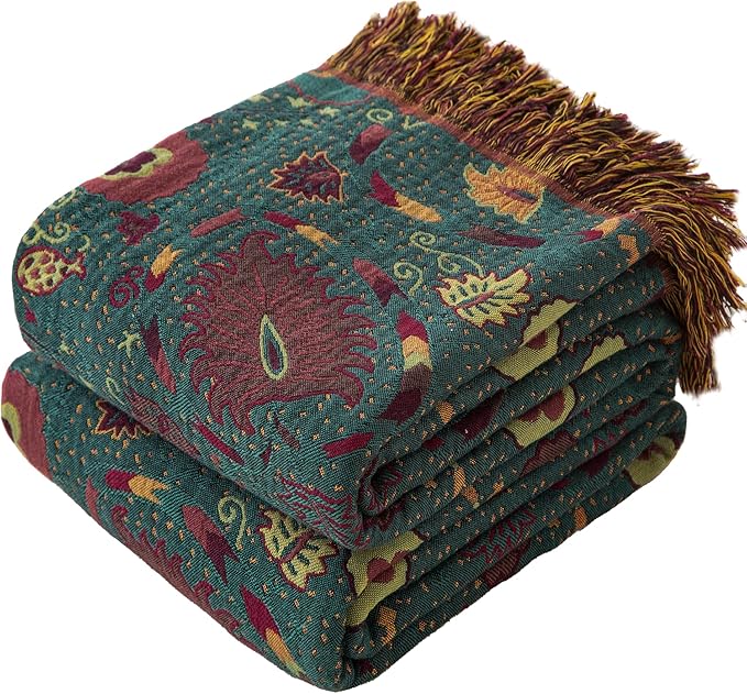 Phuryllic Boho Throw Blanket Full Size, Extra Large Soft Cozy Cotton Muslin Quilt Blanket for Bed Decor, Floral Patterned Couch Sofa Chair Cover, Vintage Farmhouse Cottage Woven Blanket, Green&Orange