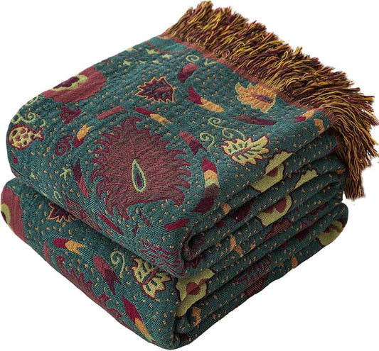 Phuryllic Boho Throw Blanket Queen Size, Oversized Soft Cozy Cotton Muslin Quilt Blanket for Bed Decor, Floral Patterned Couch Sofa Chair Cover, Vintage Farmhouse Cottage Woven Blanket, Green&Orange