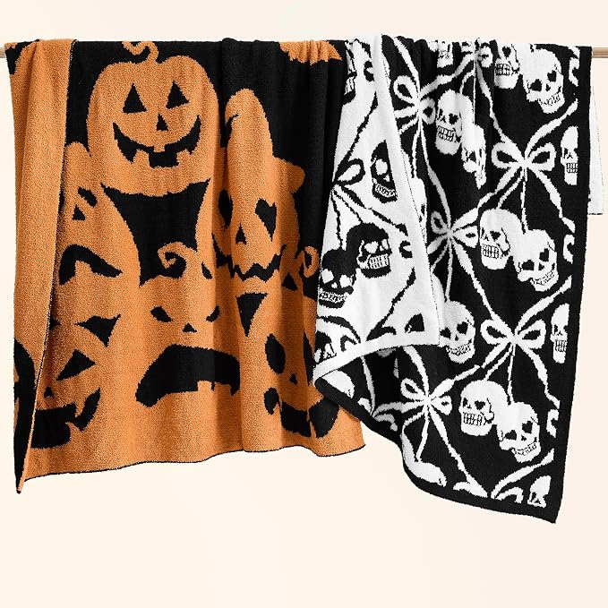 WDCOZY Halloween Throw Blanket Reversible Super Soft Knitted Blankets for Couch Bed Sofa Microfiber Warm Cozy Comfy Lightweight Fall Comfort Fluffy Fuzzy Knit Blanket Cute 60x80 Inches Pumpkin