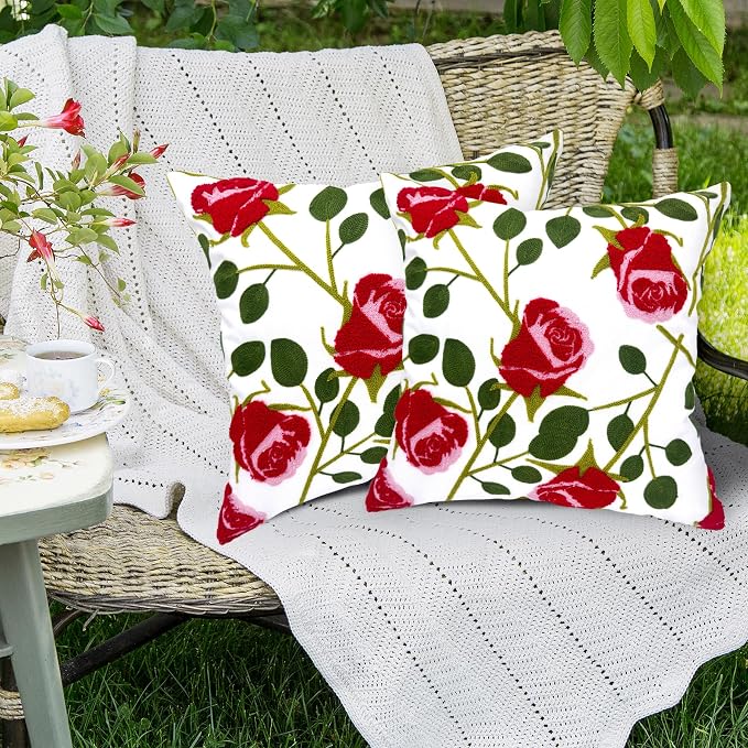 Alysheer Set of 2 Floral Embroidered Decorative Throw Pillow Cover 18" x 18" inches, Farmhouse Cottage Embroidery Red Rose Pattern Cotton Cushion Case for Sofa Couch Bed Living Room Outdoor Decor
