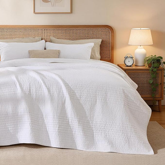 Love's cabin Queen Size Cotton Quilt Set, 100% Cotton Fabric Striped Textured Coverlet with Crinkled Look, Lightweight Quilted Bedspread for All Season, Includes 2 Pillow Shams, White | Lightweight