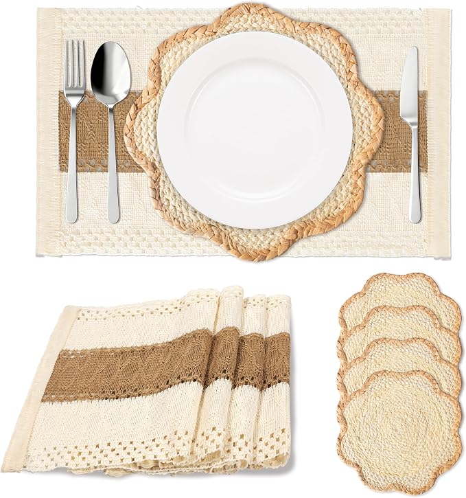4pc Sunflower Rattan Placemat Set, Woven Boho Table Mats, Natural | 4 cotton runners (24x11") & 4 woven mats. Heat-resistant & eco-friendly. Perfect for boho, farmhouse decor & parties.