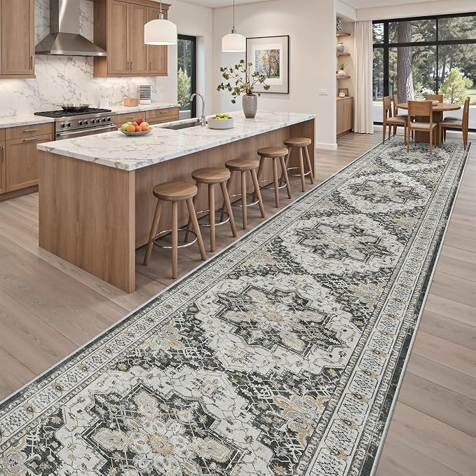 Madane Hallway Runner Rug 3x18 Washable Kitchen Runners 18ft, Black | Vintage Non Slip Extra Long Area Rugs for Hallways, Soft Low-Pile Farmhouse Wide Floor Carpet for Entryway Bathroom Bedroom