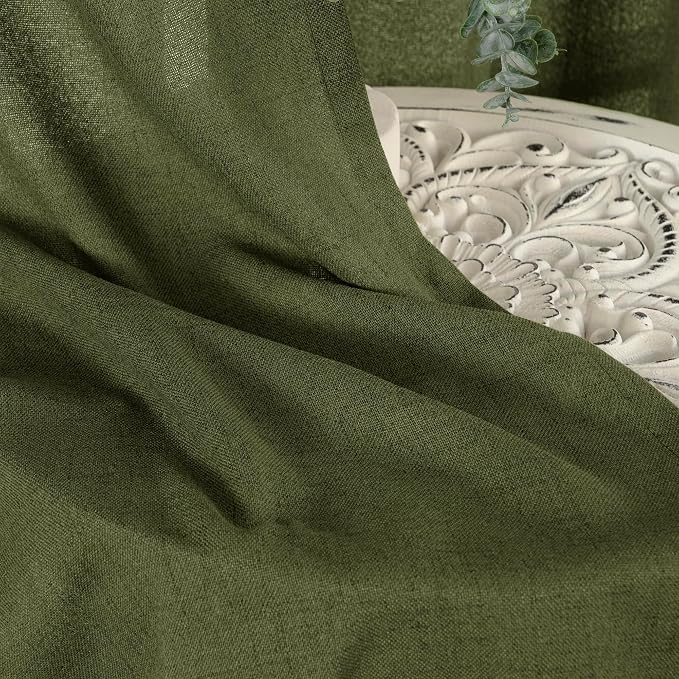 YoungsTex Olive Green Linen Semi Sheer Curtains 80 Inch Length 2 Panels | Light Filtering Drapes with Bronze Grommet Textured Privacy for Bedroom Living Room Decorative, 52 x 80 Inch