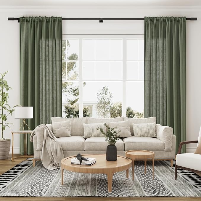 Olive Green Linen Curtains 120 Inch Length for Living Room Bedroom 2 Panels Set Rod Pocket Light Filtering Semi Sheer Window Curtains 52 Inch Width Boho Farmhouse Linen Drapes, W52xL120