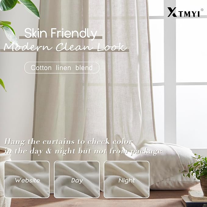 XTMYI 105 Inch Linen Curtains, Semi Sheer Light Filtering Drapes, Back Tab Window Drapes for Living Room Bedroom 2 Panel Set, Oatmeal Beige, 50" W x 104" Long