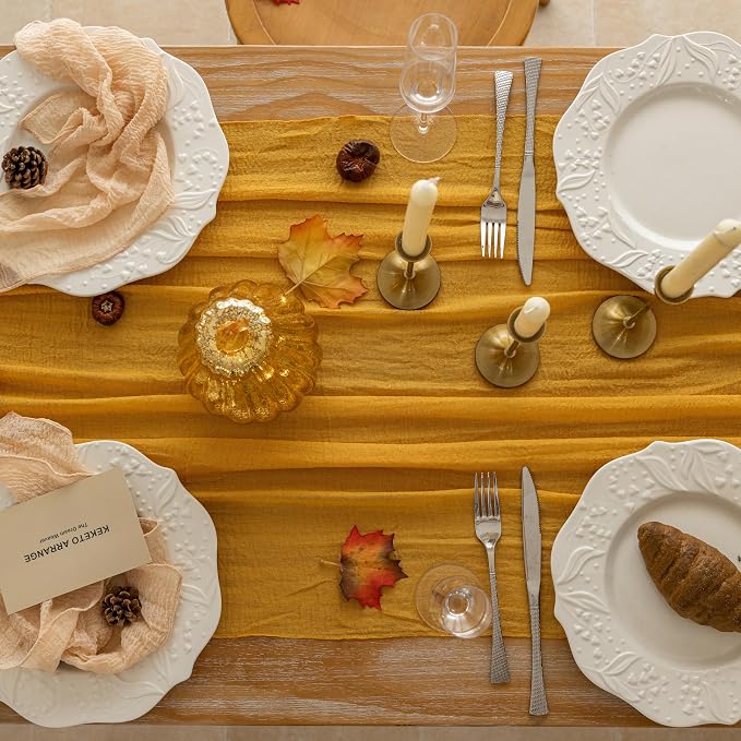 6Pcs Fall Golden Cheesecloth Table Runner 120 Inch Party Home Decor | For Thanksgiving Friendsgiving Wedding Bridal Shower Baby Shower Engagement Party 10FT Rustic Boho Home Decorations