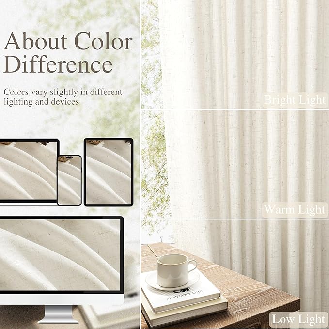 Linen Sliding Door Curtains for Bedroom, Natural 90 Inches Long Window Farmhouse Back Tab Rod Pocket Drapes for Living Room, Patio Glass Door Extra 100 Wide Curtain, 2 Panels 100 X 90