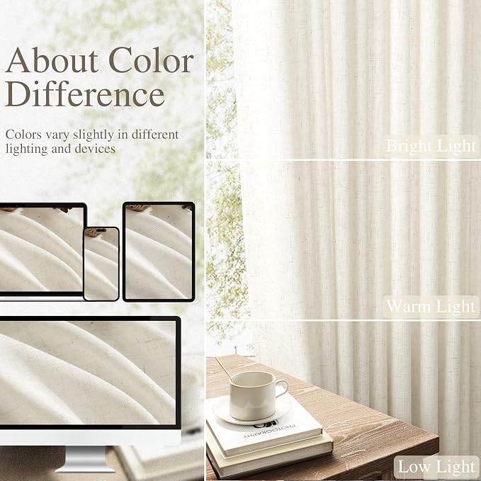 Linen Curtains 63 Inches Long for Living Room Semi Sheer Light Filtering Curtain Back Tab Neutral Boho Modern Farmhouse Window Drapes for Bedroom 52x63 2 Panels Cream Ivory Beige Natural