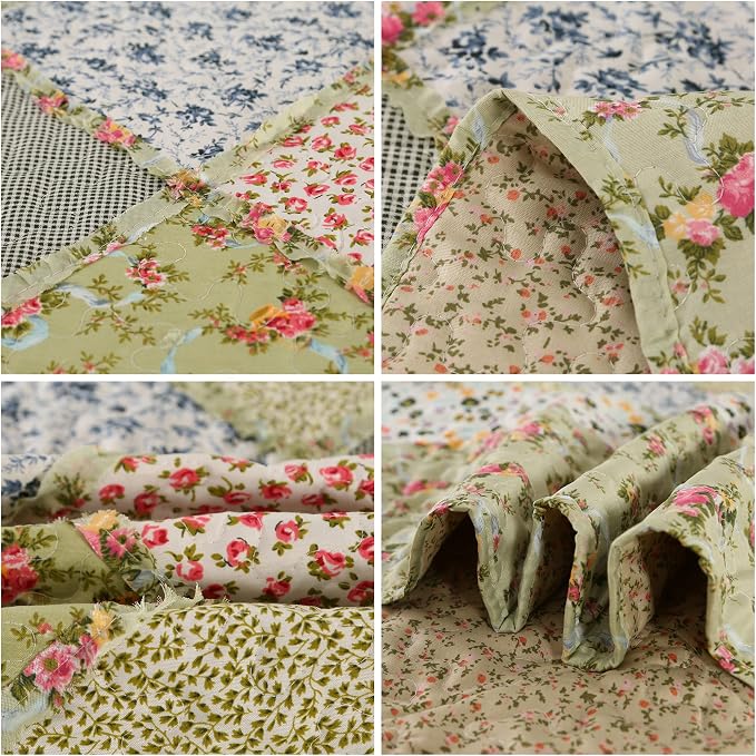 Full/Queen Size Quilt Set Green Floral Patchwork Bedspreads Coverlet Set | VIVILINEN 3-Piece Reversible Floral Bedding Set Lightweight Comforter Queen Bed Sheet Set Cover Blanket with 2 Pillow Shams