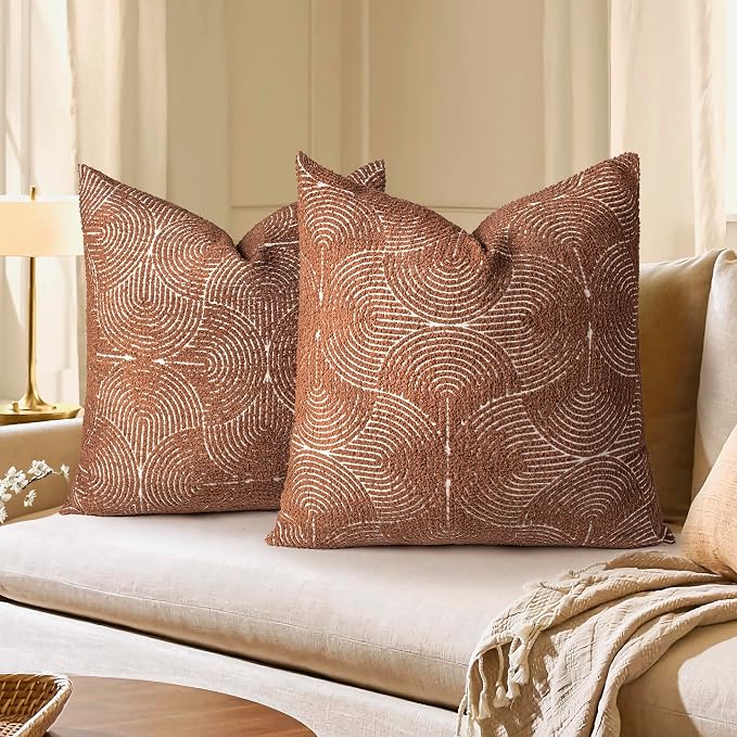 AELS Boho Decorative Textured Throw Pillow Covers 24x24, Modern Mid Century Rainbow Tufted Pillow Case, Farmhouse Rustic Geometric Woven Cushion Case for Bed Couch Sofa, Burnt Orange