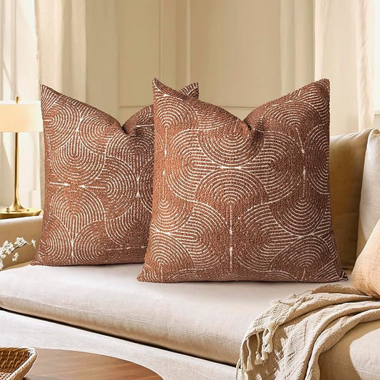 AELS Boho Decorative Textured Throw Pillow Covers 24x24, Modern Mid Century Rainbow Tufted Pillow Case, Farmhouse Rustic Geometric Woven Cushion Case for Bed Couch Sofa, Burnt Orange
