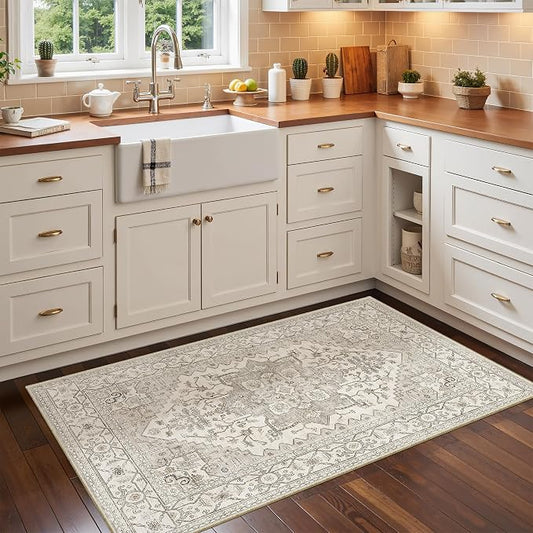 Madane Washable Area Rug 2x4, Small Entryway Rugs Non-Slip, Beige/Brown | Vintage Printed Door Mat Indoor Entrance, Low-Pile Floor Carpet Runner for Inside Front Bedroom Kitchen Entry Laundry, Stair