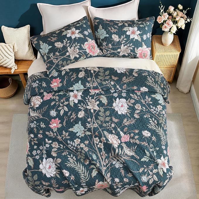 Litanika Floral Teal Quilt Oversized King - 3Pcs Botanical Birds Bed Set | Super King Plus Bedspread Summer Lightweight Soft Coverlet with Pink Flower for All Seasons(128"x120")
