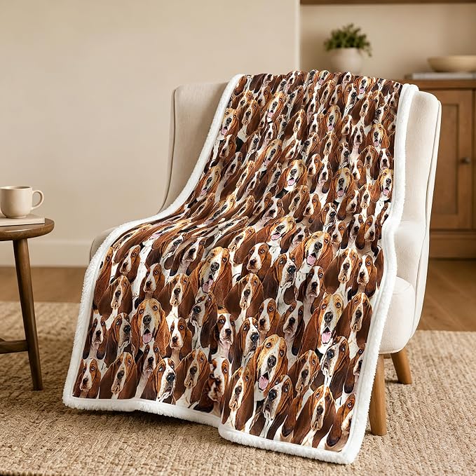 BlessLiving Throw Blanket, Brown Dog Animal Gift, 50x60 in | sherpa fleece fabric, Bassett Hound Dense Pet Blankets Puppy print, for couch or sofa, pet lovers, easy machine care