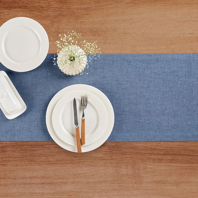 Solino Home 100% Pure Linen Table Runner Blue Denim Long, Athena 14 x 90 in | dresses up dining tables for everyday meals, European flax fibres, machine washable, Blue Denim, soft, OEKO-TEX Certified