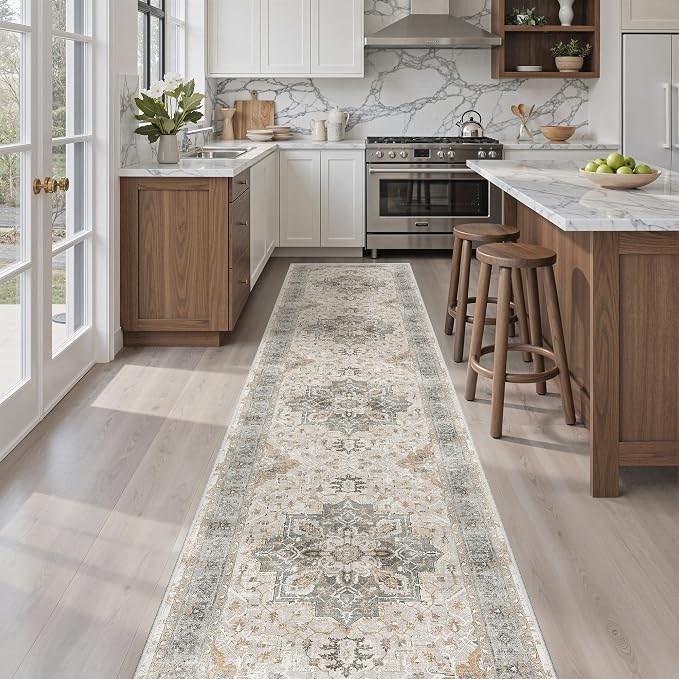 Madane Washable Runner Rugs 2x10 for Hallway Kitchen, Light Taupe Brown | Non-Slip Low-Pile 10ft Rug Runners Soft, Stain-Resistant Floor Carpet Mat for Entrance, Living Dining Laundry Room, Stair