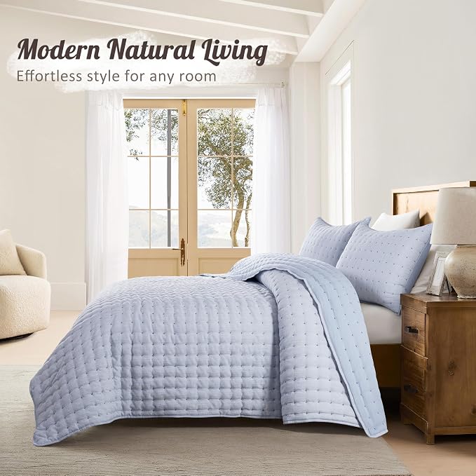 WDCOZY Blue Oversized King Quilt Set, California Cal King Rustic Bedspread, Textured Like Linen, Lightweight Soft Farmhouse Coverlet, Spring Summer Thin Comforter, 3 Pieces, 116x106 inches