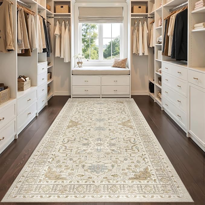 Madane 4x8 Wide Hallway Runner Rug Washable for Living Room, Beige/Blue | Soft Stain Resistant Ktichen Runners 8ft, Vintage Non Slip Low Pile Area Rugs, Thin Floor Carpet for Bathroom Dining Bedroom