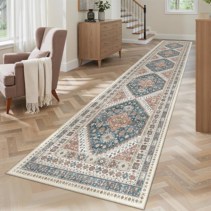 Madane Washable Runner Rugs 2x12 Long for Hallway Kitchen Soft, Navy Blue | Non-Slip Vintage Printed 12ft Rug Runners with Rubber Backing, Thin Low-Pile Floor Carpet Laundry Room Entryway, Corridor