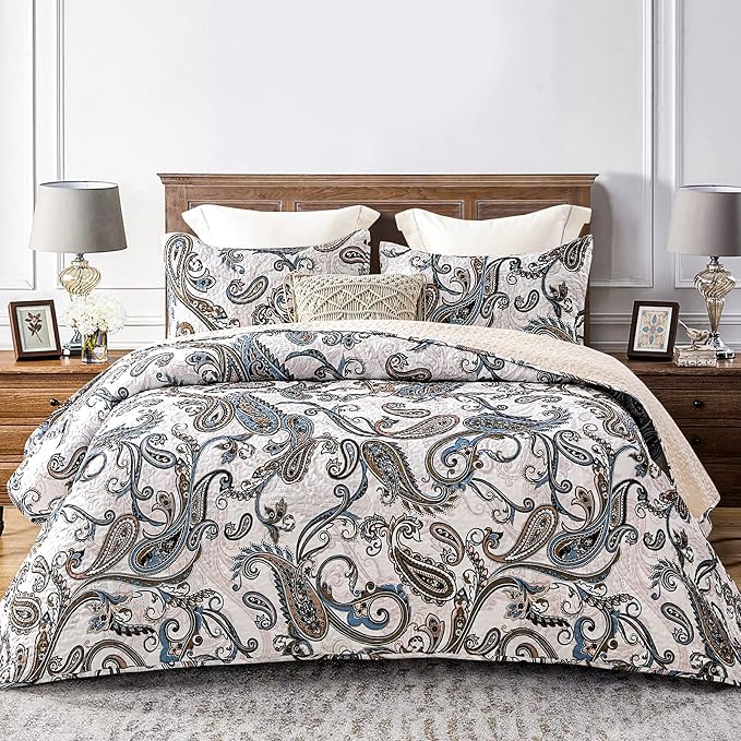 Whale Flotilla Patchwork Quilts Queen Size, Soft Boho Paisley Bedspreads | Reversible Lightweight Full Queen Quilt Bedding Set for Bed, Bone Grey Printed Coverlets with 2 Pillow Shams for All Seasons