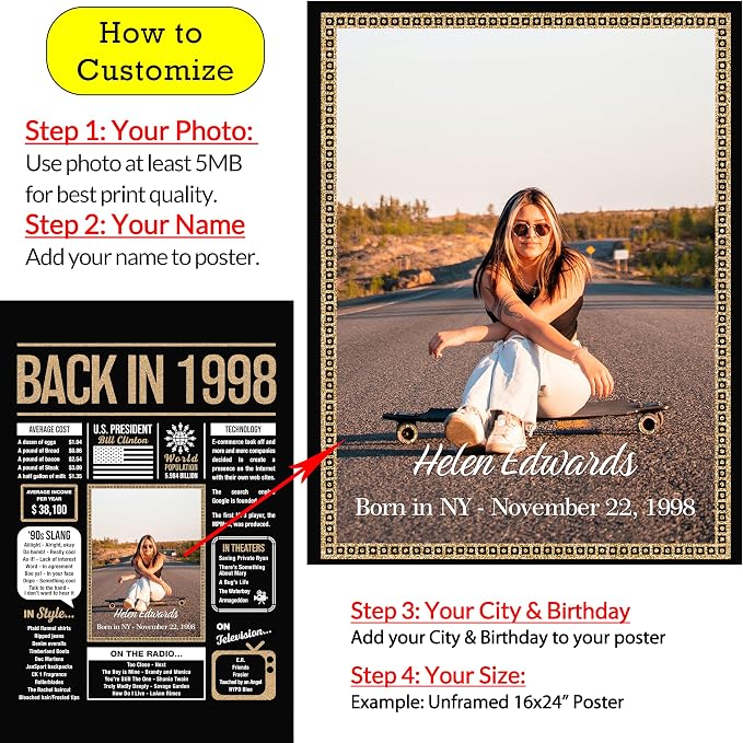 Personalized 27th Birthday Party Decorations Men, Women, Him, Her - Custom Gifts Idea For 27 Years Old, Back In The Year You Born Newspaper For 27th Birthday Poster No Frame Black Gold