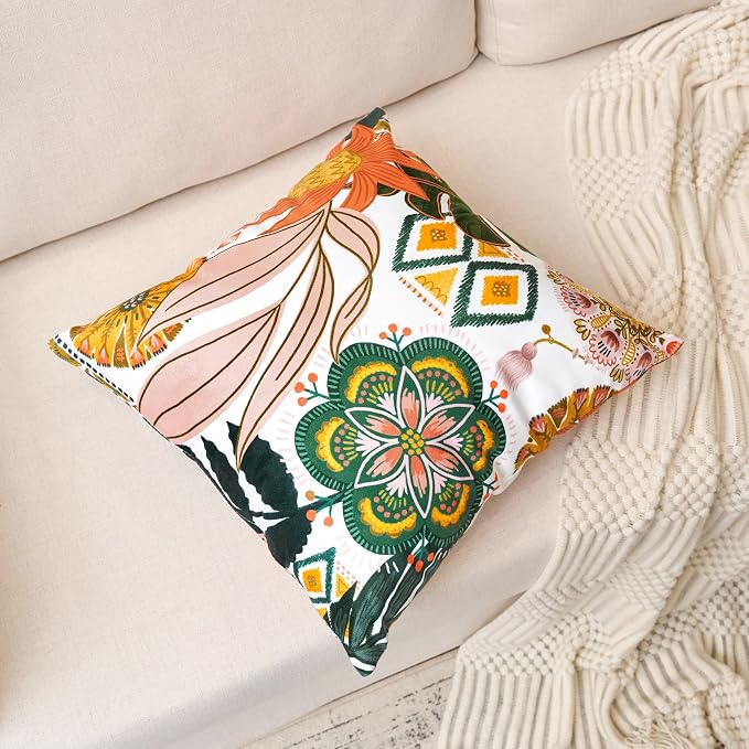 Tyrot Boho Floral Velvet Throw Pillow Covers 16x16 Inch Set of 2 Farmhouse Cushion Covers Mid Century Modern Botanical Home Decor Accent Pillow Cases for Couch Bed Sofa Living Room, Bedroom