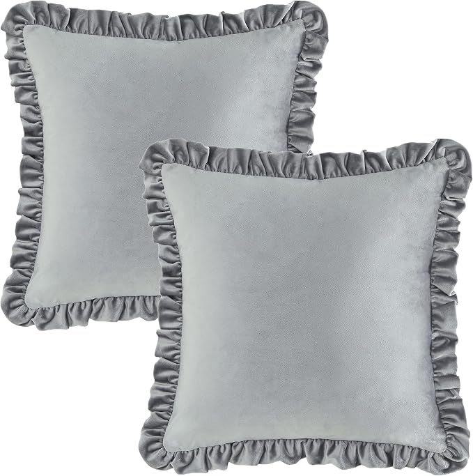 GIGIZAZA Grey 18x18 Luxury Pillow Covers, Set of 2 Decorative Velvet Ruffle Cushion Pillow Covers for Sofa Couch