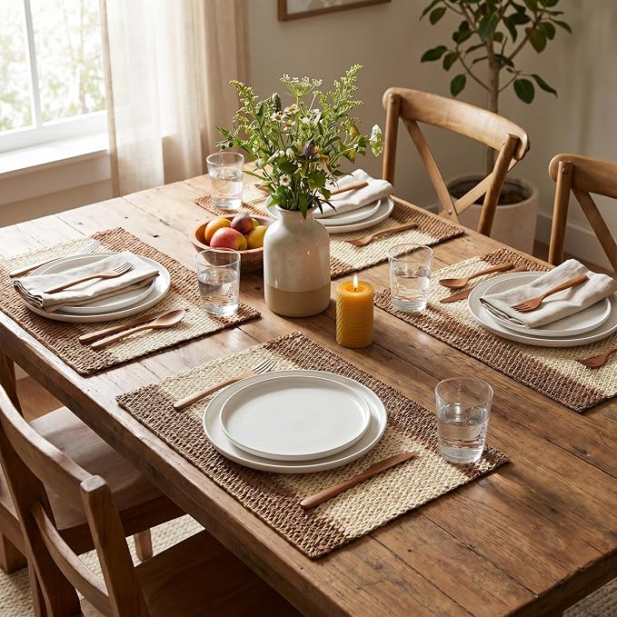 Artoid Mode Brown Paper Woven Farmhouse Stripe Placemats Set of 4,12x18 Inch Seasonal Holiday Table Mats Party Kitchen Dining Decoration