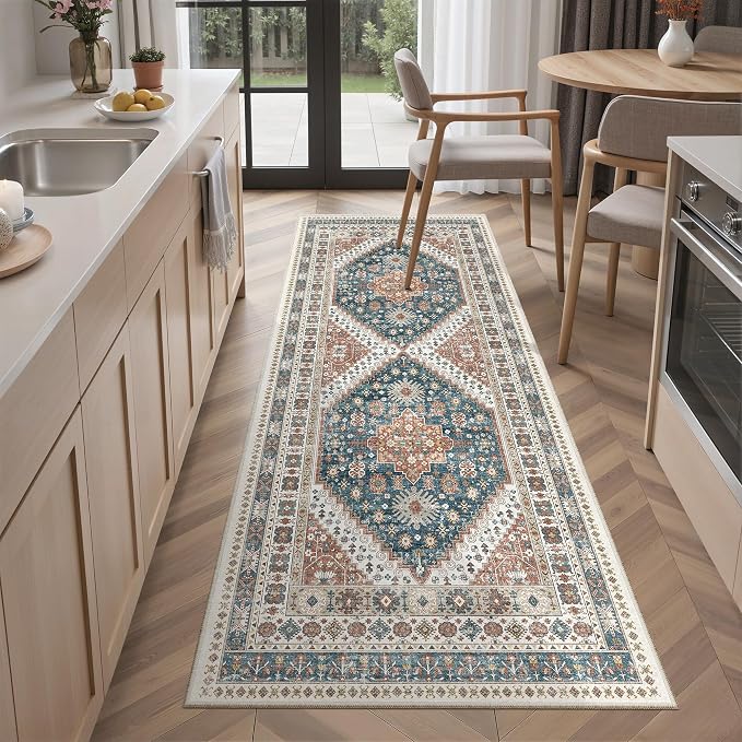Madane Washable Runner Rug 2x6 Runners for Hallways Non Slip, Navy Blue | Vintage Stain-Resistant 6 Feet Kitchen Rug, Soft Low-Pile Ultra-Thin Floor Carpet Mat for Bathroom Laundry Room Bedroom 2x6ft