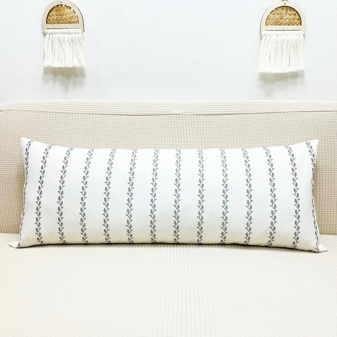 Slow Cow Linen Embroidery Rectangular Throw Pillow Cover Stripe Lumbar Cushion Cover for Couch Sofa 12 x 33 Inches Grey
