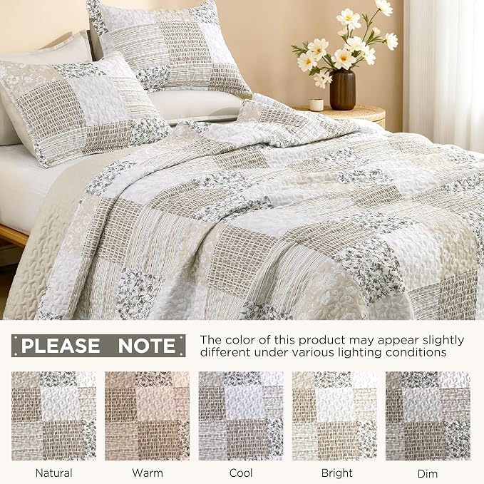 Litanika Floral Beige Quilt Queen - 3Pcs Botanical Birds Bedding Set | Patchwork Bedspread Summer Lightweight Soft Coverlet for All Seasons (96"x90")