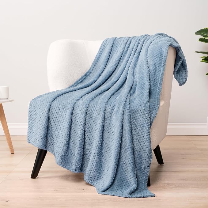 PAVILIA Dusty Blue Fleece Throw Blanket for Couch Sofa Bed, Soft Fuzzy Waffle Jacquard Microfiber, Warm Lightweight Fade-Resistant Decorative All Season Throw, 60x80 Twin