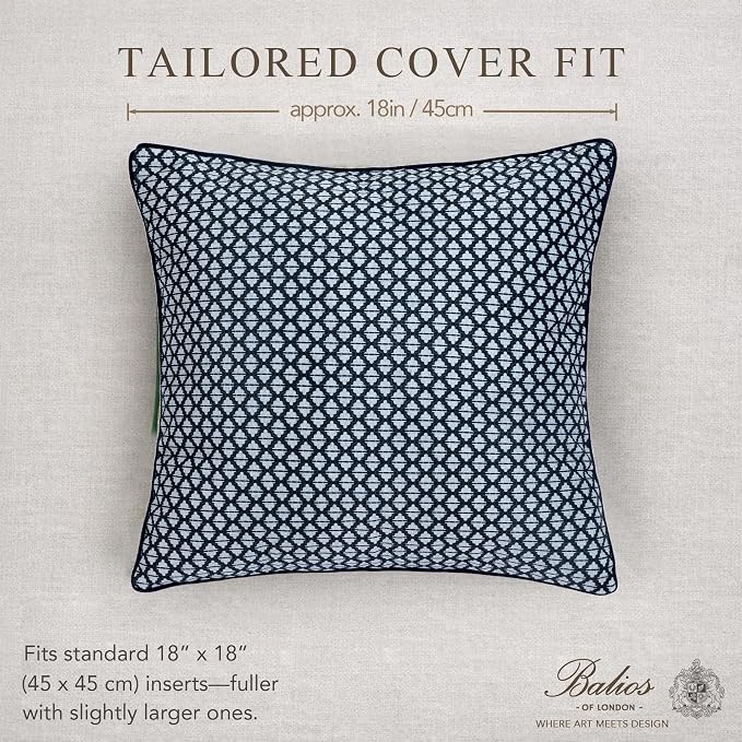 Balios Velvet Pillow Covers Set of 2, Decorative Cushion Covers for Sofa Couch, Hidden Zip, Covers Only, London Design – 18" x 18" (45 x 45 cm), Wyndham Trellis in Ink Blue